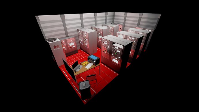 a 3d-scene of a server room with red tile floors and a small desk.
