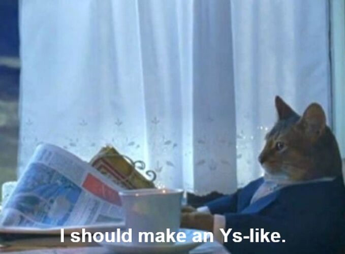 cat reading a newspaper and thinking "i should make an ys-like"
