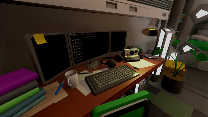 a 3d scene of a cluttered desk with a triple monitor setup, a keyboard, a pair of closed-ear headphones, and a polaroid camera.