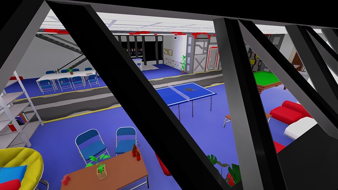 a 3d scene looking through the window of the activity room, where couch seating, a ping pong table, a billiards table, a dining table, and a bar can be seen.
